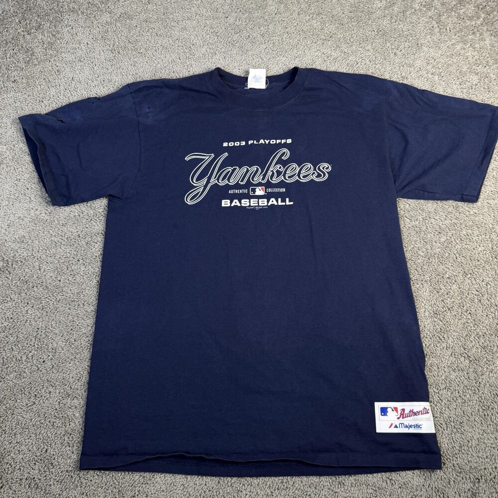Vintage New York Yankees Shirt Mens L Blue MLB Baseball 2003 Playoffs Majestic